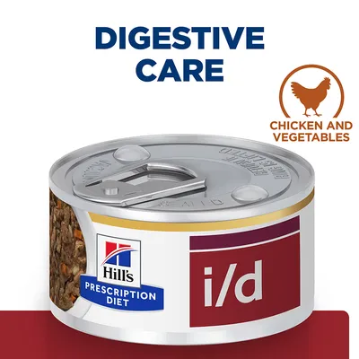 Hill's Prescription Diet i/d konzerv, Digestive Care felirattal, Chicken and Vegetables szöveg és csirke szimbólum látható a képen.