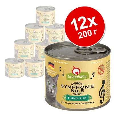 GranataPet Symphonie No.5 Huhn Pur консервирана храна за котки, комплект 12×200 г. Видими са кутии с етикет на немски и изображение на котка.