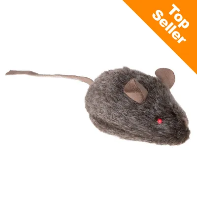 Leksaksmus i grått tyg med röda ögon och lång svans. Orange hörn med texten Top Seller.