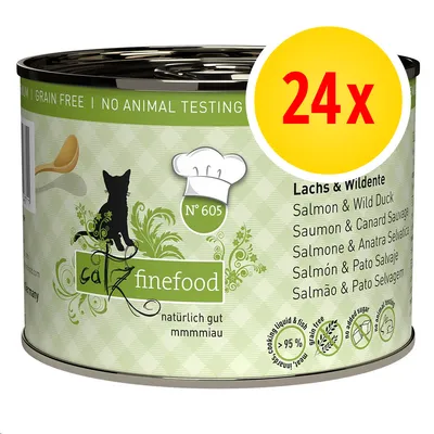 catz finefood N° 605, naturalmente buono, salmone e anatra selvatica, 24x, senza cereali, senza test sugli animali, 95% carne, senza zuccheri aggiunti, testo in varie lingue