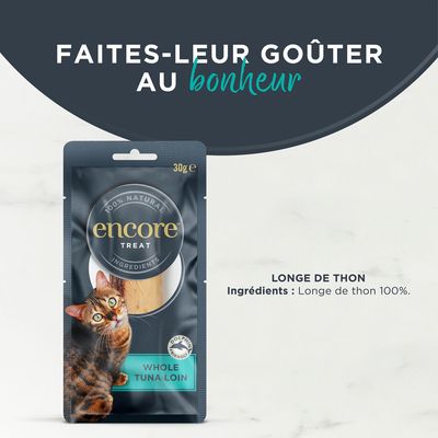 Sachet de 30 g avec filet de thon entier pour chat, marque encore, texte visible : 100% natural ingredients, dolphin friendly, whole tuna loin.