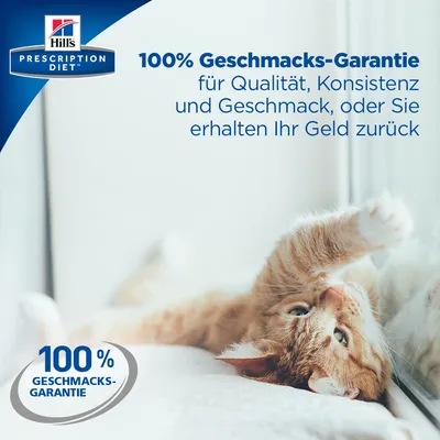 Hill's Prescription Diet. 100% Geschmacks-Garantie für Qualität, Konsistenz und Geschmack, oder Sie erhalten Ihr Geld zurück. Tekst in het Duits.