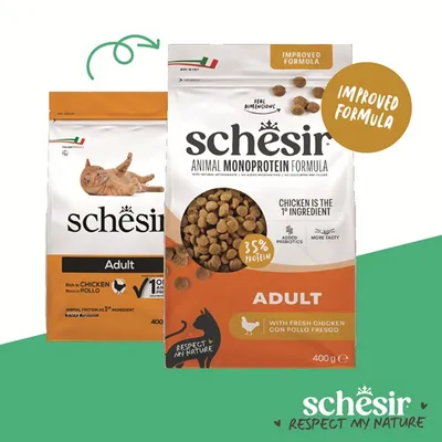 Schesir Animal Monoprotein Formula Adult, förbättrad recept, 35 % protein, höna som huvudingrediens, med färsk höna, 400 g. Förpackningsjämförelse gammal och ny.