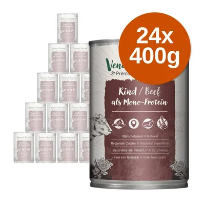 Venandi Animal Kind/Beef als Mono-Protein konzerv, 24×400g. Látható: természetes, regionális összetevők, sok hús, gabonamentes. Csomagoláson német és angol szöveg.