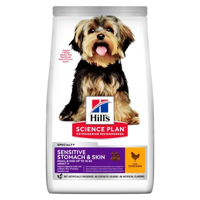 Hill's Science Plan Sensitive Stomach & Skin Small & Mini tot 10 kg Adult 1+ met kip, specialty hondenvoer. Geen kunstmatige conserveringsmiddelen, kleuren of smaken.