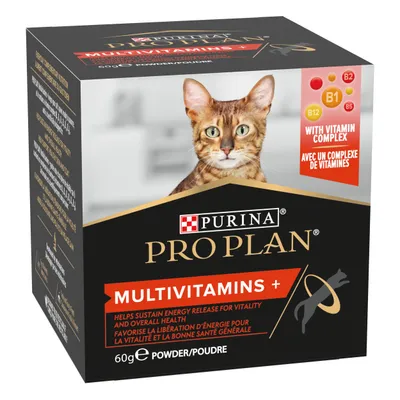Συσκευασία PURINA PRO PLAN Multivitamins+ για γάτες, 60g σε μορφή σκόνης. Εμφανίζεται γάτα και ένδειξη με βιταμίνες B1, B2, B5, B12 και κείμενο 'WITH VITAMIN COMPLEX'.