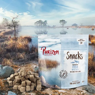 Purizon Snacks Fish with Beef, 100% meat, fish & liver, dla dorosłych kotów, 40 g. Opakowanie i kawałki przysmaku widoczne na tle natury. Napis: gently freeze-dried.