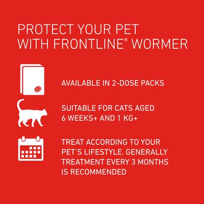 Frontline wormer available in 2-dose packs. Suitable for cats aged 6 weeks and over, weighing at least 1 kg. Treat every 3 months or as needed based on pet’s lifestyle.