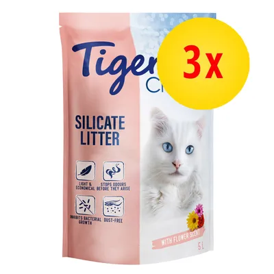 Tigerino Silicate Litter, 3x5 l, valkoinen kissa pakkauksessa, englanninkieliset ominaisuudet: light & economical, stops odours, inhibits bacterial growth, dust-free, with flower scent