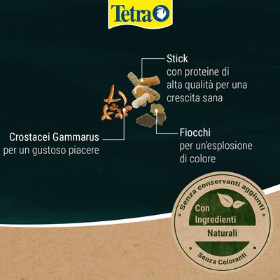 Tetra. Stick con proteine di alta qualità, crostacei Gammarus per un gustoso piacere, fiocchi per un'esplosione di colore. Senza conservanti aggiunti, con ingredienti naturali, senza coloranti.
