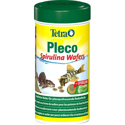Tetra Pleco Spirulina Wafers Aliment principal pour poissons de fond herbivores, avec spiruline. La boîte montre des wafers alimentaires et deux poissons de fond différents. Tetra Pleco Spirulina Wafers Aliment principal pour poissons de fond herbivores, avec spiruline. La boîte montre des wafers alimentaires et deux poissons de fond différents.