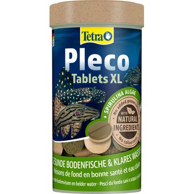 Tetra Pleco Tablets XL met spirulina-algen, natuurlijke ingrediënten, zonder toevoeging van conserveermiddelen en kleurstoffen. Voor gezonde bodembewoners en helder water.