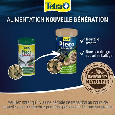 Tetra Pleco Tablets XL avec nouveau design et nouvelle formule, contient des ingrédients naturels, sans ajout de conservateurs ni de colorants. Remarque concernant la période de transition lors du changement d'emballage.