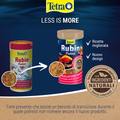 Tetra Rubin Flakes con ricetta migliorata e nuovo design, componenti naturali, senza additivi o coloranti. Periodo di transizione fino alla disponibilità del nuovo prodotto.