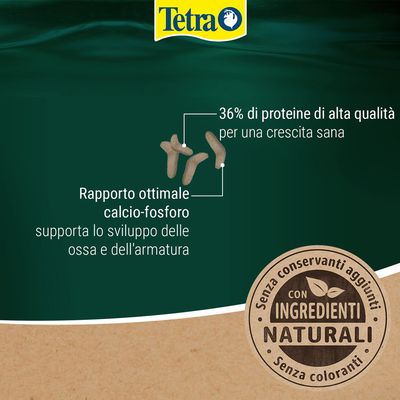 Tetra. 36% di proteine di alta qualità per una crescita sana. Rapporto ottimale calcio-fosforo supporta lo sviluppo delle ossa e dell'armatura. Con ingredienti naturali, senza conservanti aggiunti, senza coloranti.