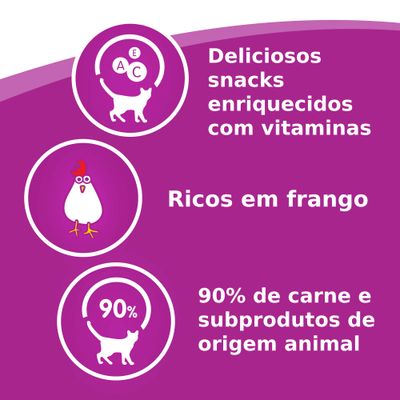 Deliciosos snacks enriquecidos com vitaminas, ricos em frango, 90% de carne e subprodutos de origem animal.