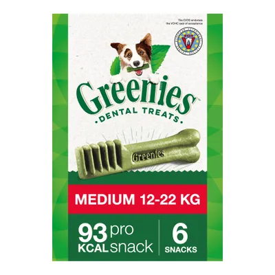 Greenies Dental Treats MEDIUM 12–22 kg, 93 kcal snack, 6 snacks. Sigillo VOHC visibile sulla confezione.