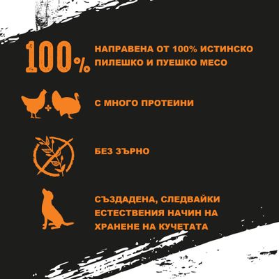 100% направена от истинско пилешко и пуешко месо, с много протеини, без зърно. Създадена, следвайки естествения начин на хранене на кучетата.