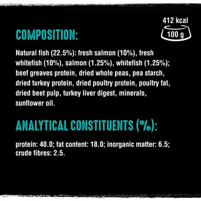 Composizione: pesce naturale 22,5 %, salmone fresco 10 %, proteine di manzo, piselli secchi, amido di pisello, grassi di pollame. Valori analitici: proteine 40 %, grassi 18 %, fibre 2,5 %.