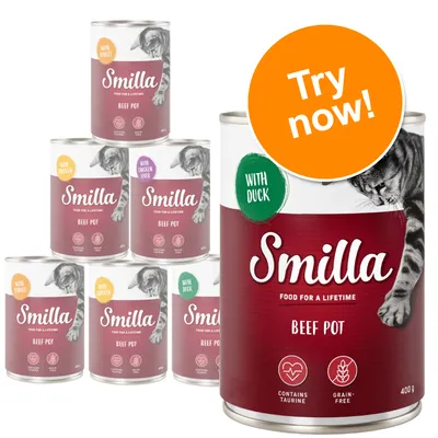 Smilla Beef Pot cat food tins, visible flavours: with duck, with chicken, with turkey, with chicken liver. Labels show 'contains taurine', 'grain-free'. Large orange circle: Try now!