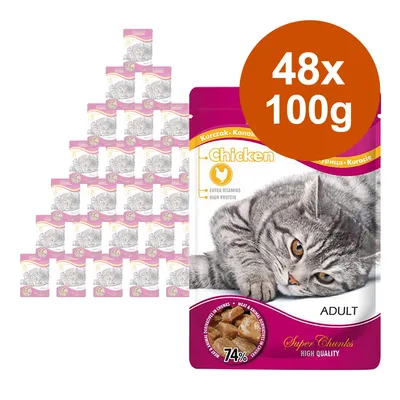 Cat food Chicken, Adult, 48x100g, with 74% meat content, extra vitamins, high protein, Super Chunks, high quality.