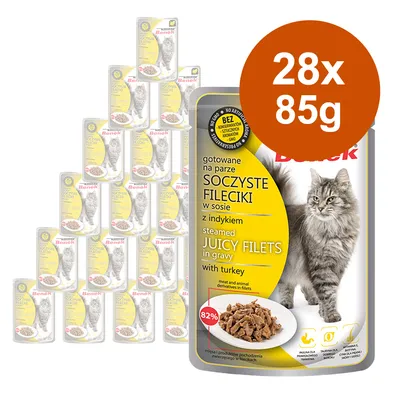 Benek Juicy Filets v omáčke s moriakom, 28x85g. 82% podiel mäsa, bez umelých prísad. Balenie zobrazuje sivú mačku a produkt.