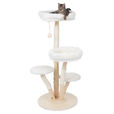 Tiragraffi in legno chiaro con tre superfici imbottite bianche e pallina da gioco. Gatto sdraiato sulla piattaforma superiore.