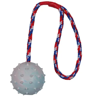 Palla gioco con nodi, fissata a una corda intrecciata rosso-blu-bianca.