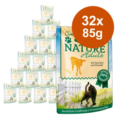 Lot de 32 sachets Cat's Best Nature Adult, 85 g chacun. Texte visible : mit Zucchini und Distelöl, Natürliche Ernährung in Premiumqualität, 100 % Natur, Kälb.