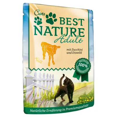 Emballage Best Nature Adult Cats, texte visible : mit Zucchini und Distelöl, 100 % natürliche Zusammensetzung, Kalb. Texte en allemand.