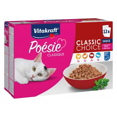 Vitakraft Poésie Classique, Classic Choice Sauce, 12 porcji. Bez dodatku cukru, bez zbóż. Warianty: kurczak, wołowina, jagnięcina, ryba. Certyfikat MSC.