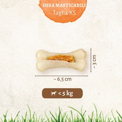 Ossa masticabili Taglia XS, lunghezza circa 6,5 cm, altezza circa 3 cm, per cani di peso inferiore a 5 kg. Testo visibile: OSSA MASTICABILI Taglia XS, < 5 kg.