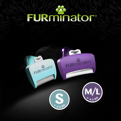 FURminator инструмент за грижа за козината в два размера: S за <4,5 кг и M/L за >4,5 кг. Видим в тюркоазено и лилаво с функция FURejector.