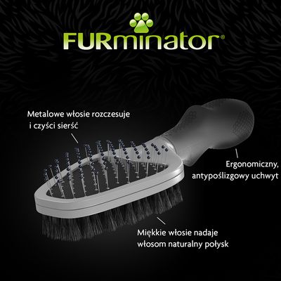 FURminator szczotka z metalowym włosiem do rozczesywania i czyszczenia sierści, miękkie włosie nadaje połysk, ergonomiczny antypoślizgowy uchwyt. Widoczne opisy funkcji.