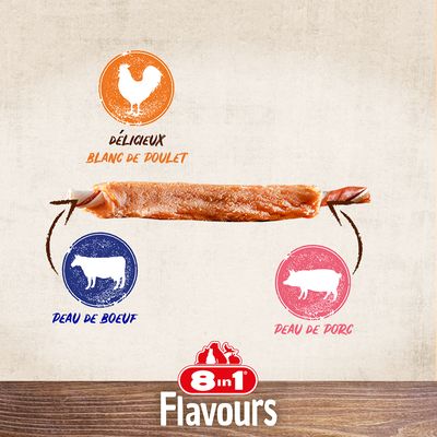 Friandise 8in1 Flavours avec blanc de poulet, peau de bœuf et peau de porc. Texte visible : délicieux blanc de poulet, peau de bœuf, peau de porc.