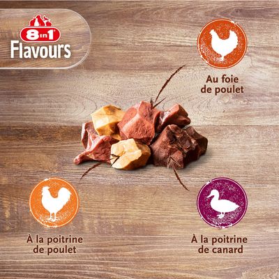 8in1 Flavours, morceaux de friandises pour animaux avec trois saveurs visibles : au foie de poulet, à la poitrine de poulet, à la poitrine de canard.