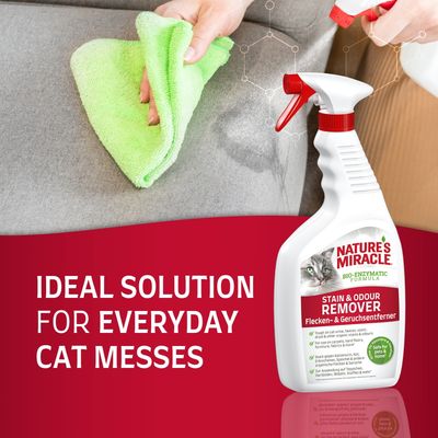 Sprayflaska Nature's Miracle Stain & Odour Remover med kattbild, text: 'Ideal solution for everyday cat messes', hand torkar fläck på soffa med grön trasa.