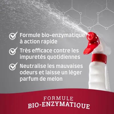 Formule bio-enzymatique à action rapide, très efficace contre les impuretés quotidiennes, neutralise les mauvaises odeurs et laisse un léger parfum de melon. Texte en français.