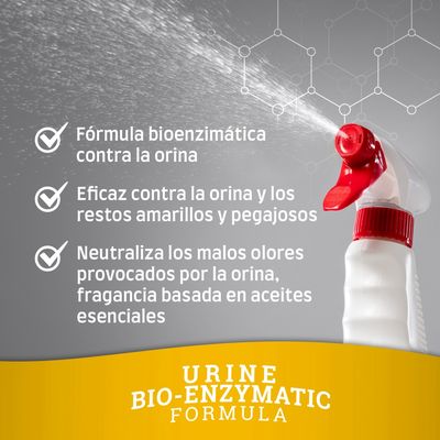 Fórmula bioenzimática contra la orina, eficaz contra restos amarillos y pegajosos, neutraliza malos olores con fragancia de aceites esenciales. Urine Bio-Enzymatic Formula.