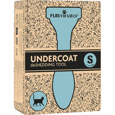 Caja de FURminator Undercoat deShedding Tool, tamaño S para gatos de menos de 4,5 kg. Imagen del producto y texto visible en el envase.