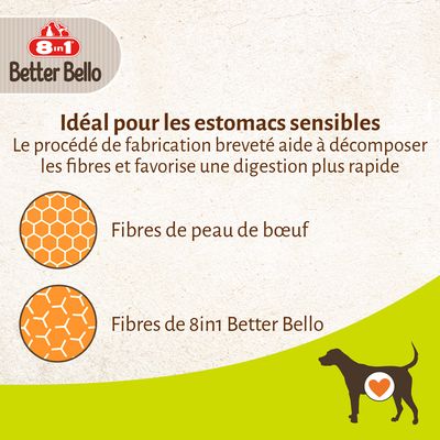 8in1 Better Bello. Idéal pour les estomacs sensibles, procédé breveté favorisant la digestion rapide. Fibres de peau de bœuf et fibres de 8in1 Better Bello. Illustration chien.