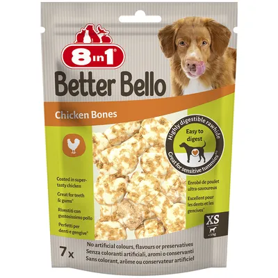 Sachet 8in1 Better Bello Chicken Bones, 7 os enrobés de poulet, XS <5 kg, sans colorant, arôme ou conservateur artificiel, excellent pour les dents et les gencives, facile à digérer.