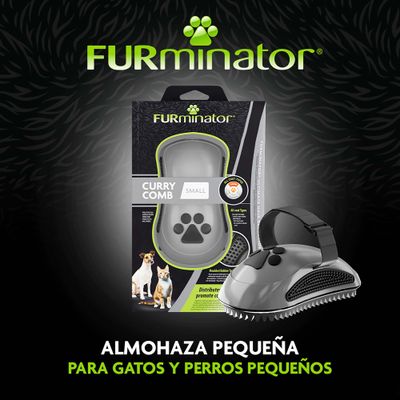FURminator Curry Comb Small, Almohaza pequeña para gatos y perros pequeños. Imagen del producto con embalaje y peine.