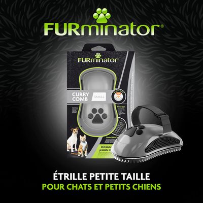 FURminator Curry Comb Small, étrille petit format pour chats et petits chiens. Illustration du produit avec emballage et brosse.