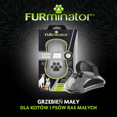 FURminator Curry Comb Small, grzebień z gumowymi ząbkami i paskiem na dłoń. Odpowiedni dla kotów i małych ras psów.