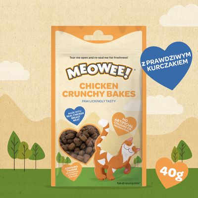 Meowee! Chicken Crunchy Bakes. Z prawdziwym filetem z piersi kurczaka, bez sztucznych barwników i konserwantów. Zawiera taurynę, niezbędny składnik dla kotów.