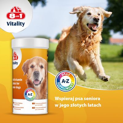 Opakowanie 8in1 Vitality Multivitaminowe tabletki dla starszych psów, napis: Multivitamin tablets for senior dogs, Daily A-Z Supplement, 70 sztuk.