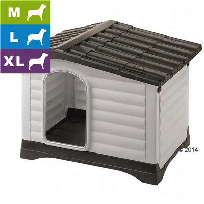 Cuccia per cani in plastica con tetto nero, disponibile nelle taglie M, L, XL indicate da icone di cani e testo colorato nell'angolo in alto a sinistra.