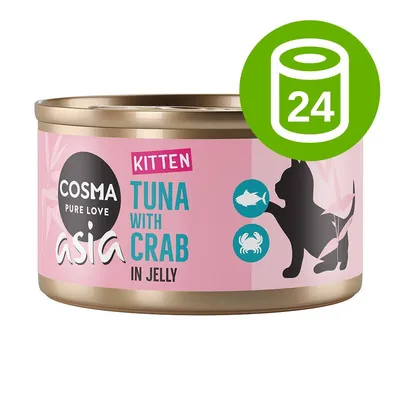 Cosma Asia Pure Love Kitten Tuna with Crab in Jelly, opakowanie 24 puszek. Widoczny napis: TUNA WITH CRAB IN JELLY, grafika kota, tuńczyka i kraba.