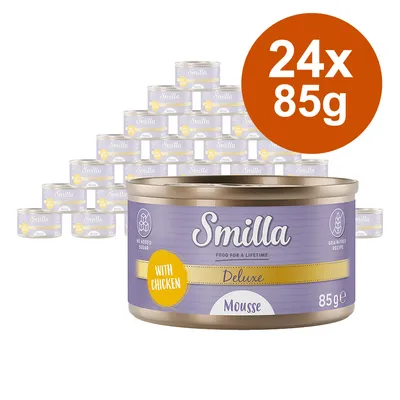Lot de 24 boîtes Smilla Deluxe Mousse with Chicken, 85 g chacune. Texte visible : no added sugar, grainfree recipe, food for a lifetime.